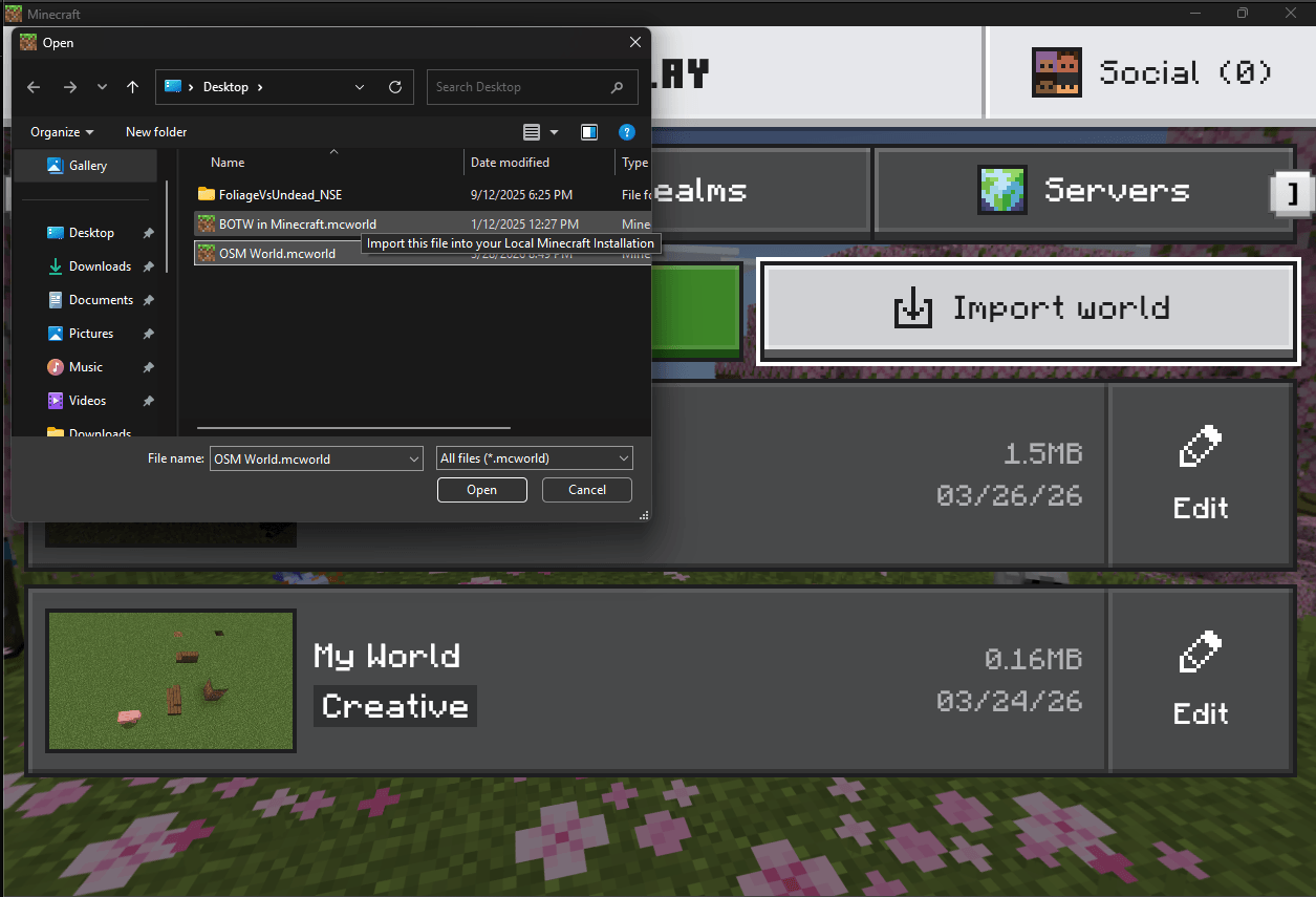 Importing .mcworld into Minecraft